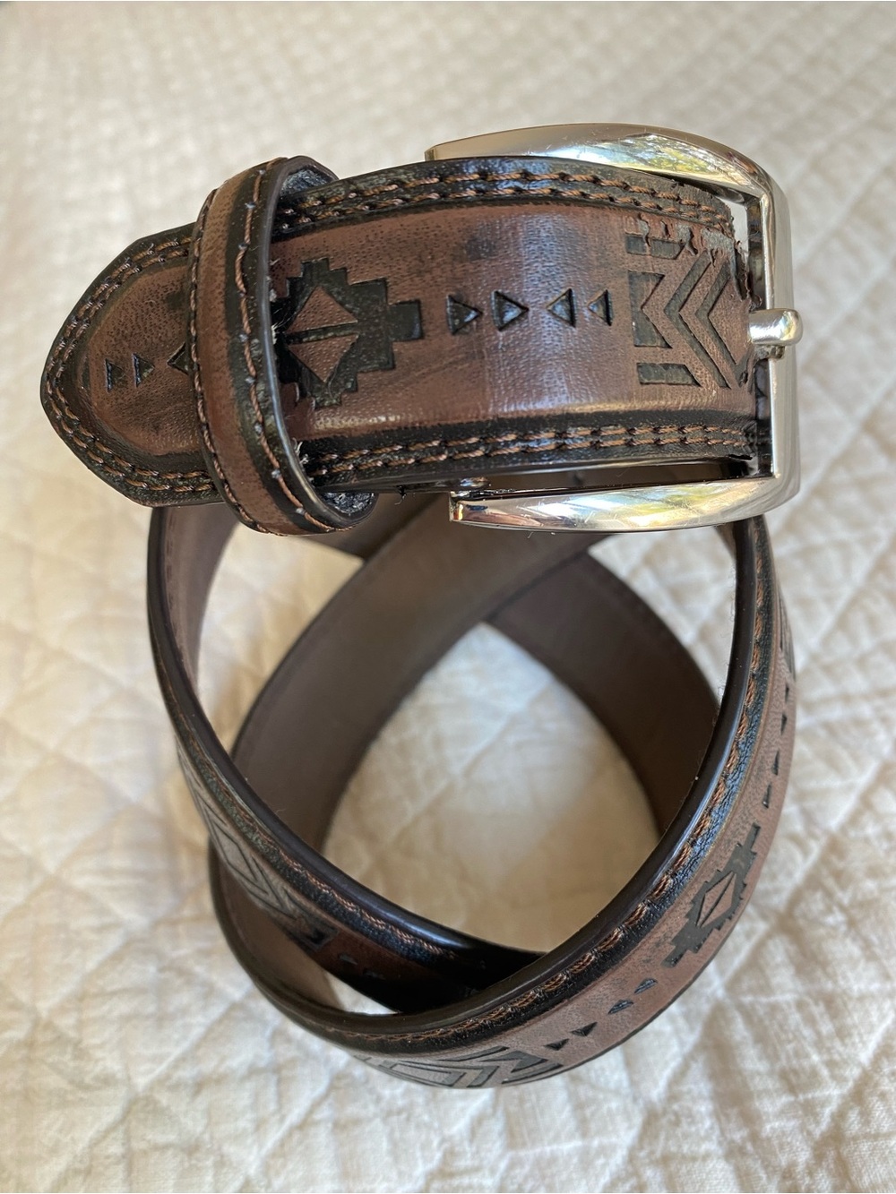 Southwestern Embossed Belt Brown Black Geometric Tooled Aztec Western Boho Large